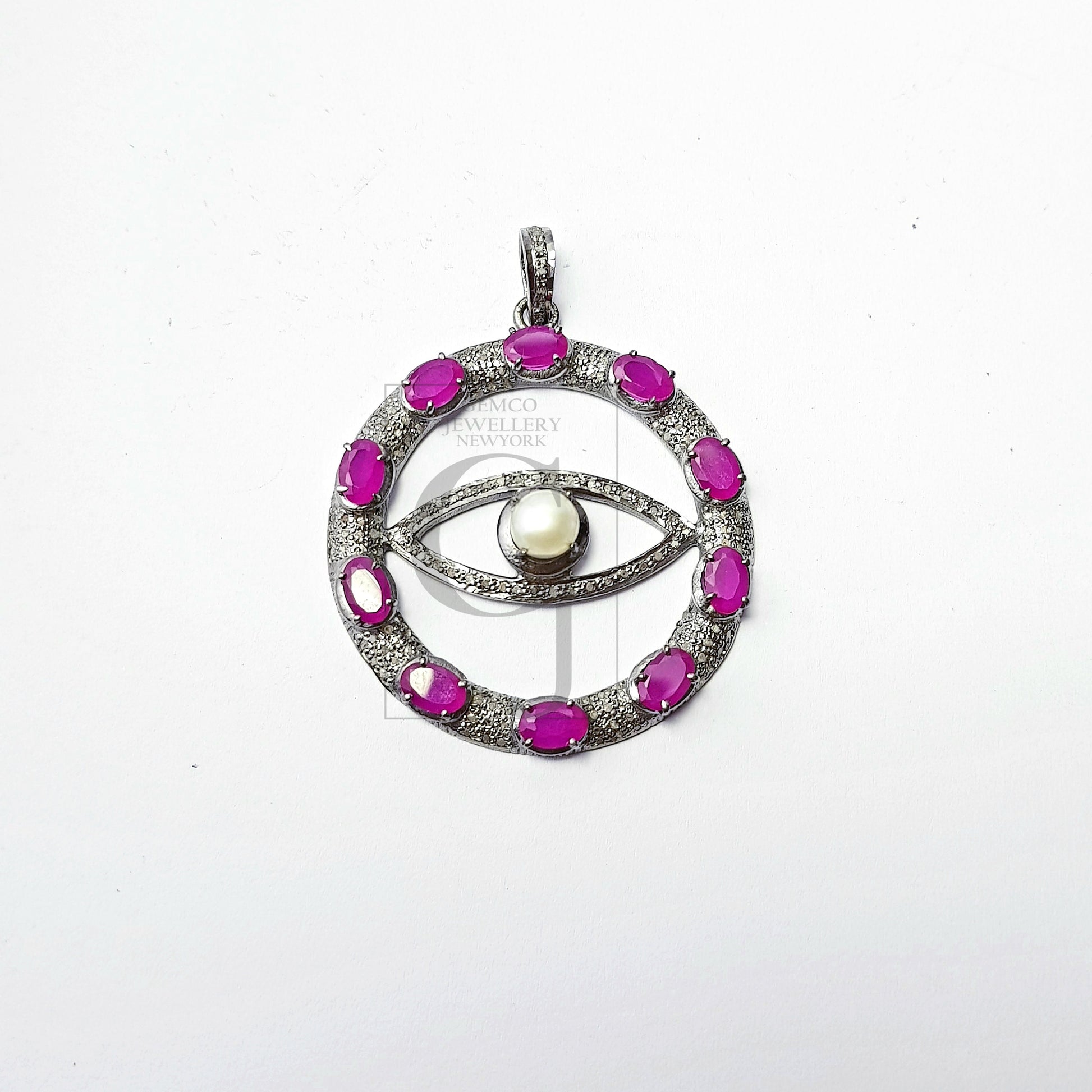 Round oxidized  evil eye design  Rose cut pave diamond pendant 925 sterling silver handmade finish diamond color stone jewelry supplies