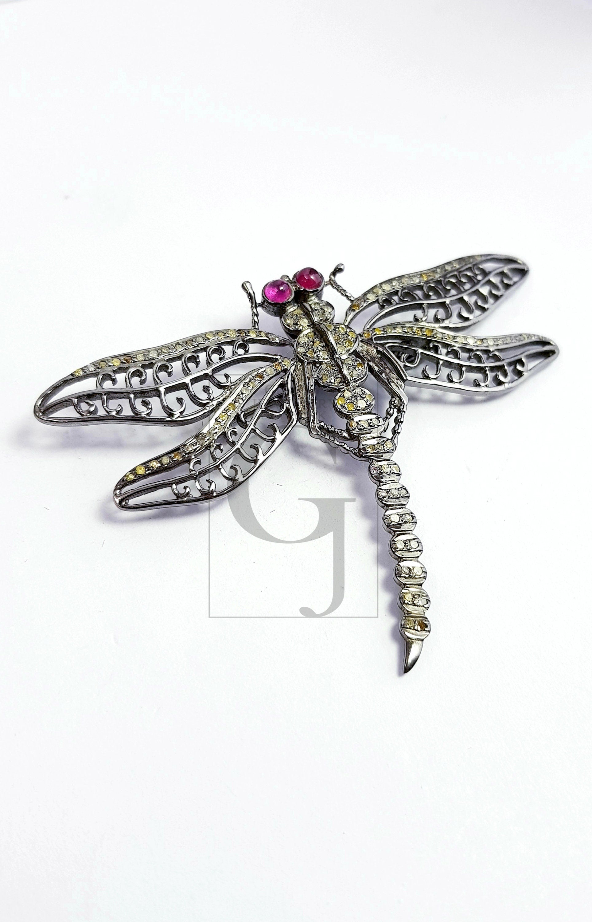 Very Beautiful Dragonfly design pendant pin Rosecut pave diamond pendant 925 sterling silver handmade finish diamond pendant jewelry