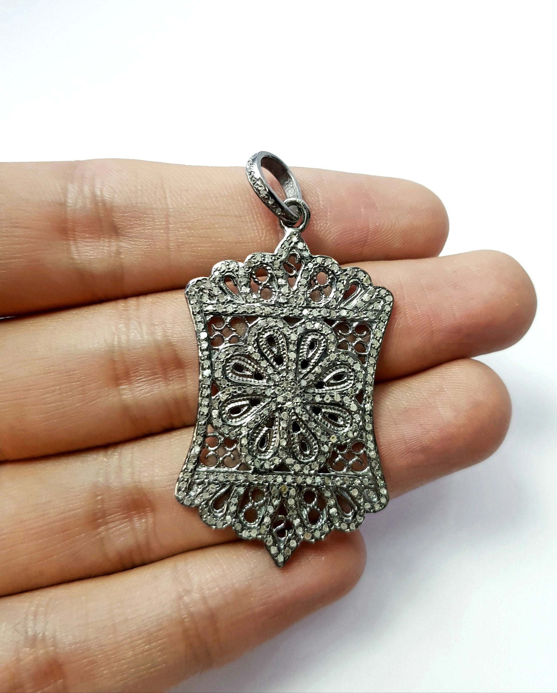 Very unique designer Rosecut pave diamond pendant 925 sterling silver handmade finish diamond jewelry pendant