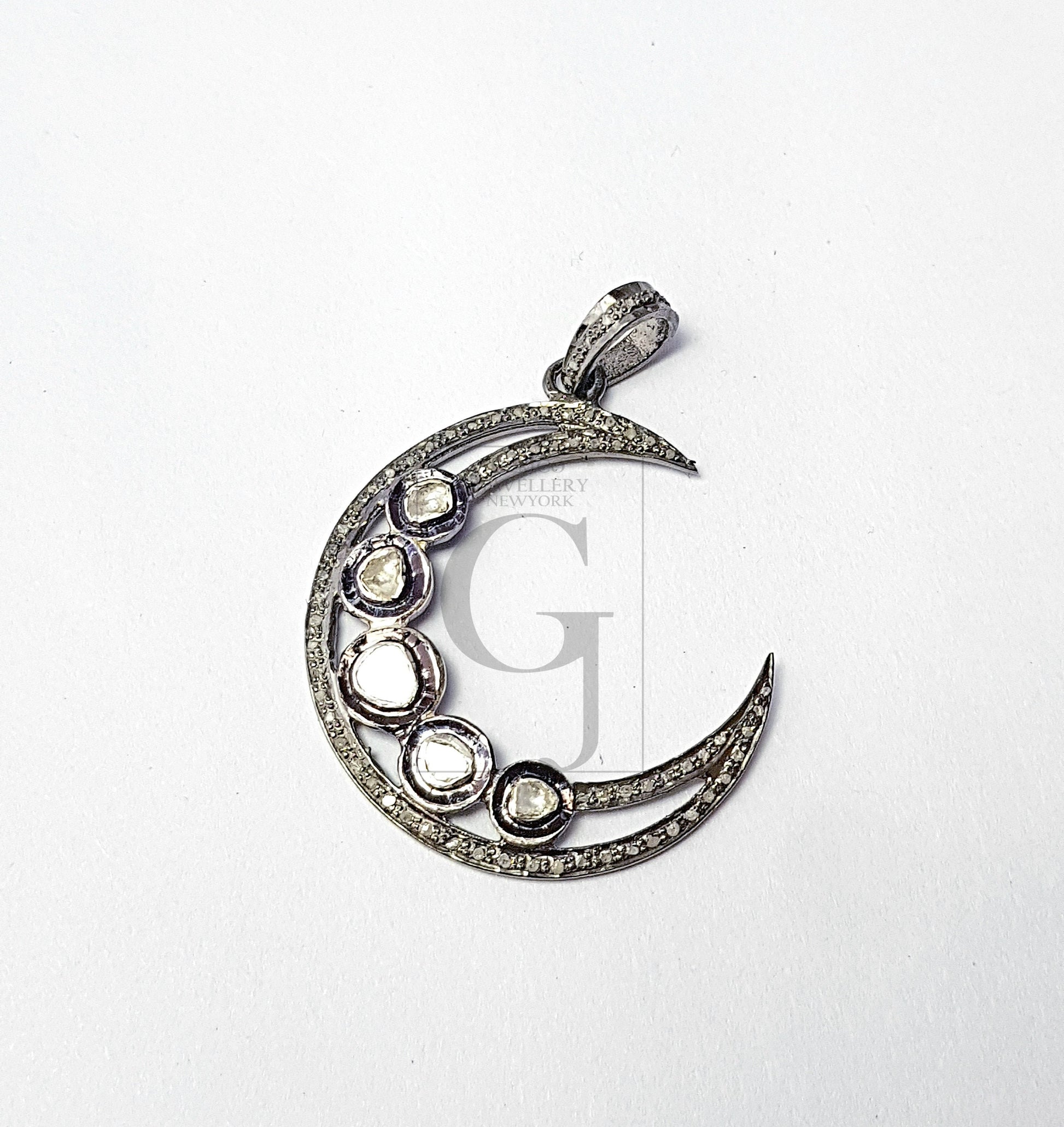 Very Beautiful Crescent Moon Design Flat Diamond Pave Diamond Rosecut Pendant 925 Sterling Silver Pendant Handmade Diamond Pendant