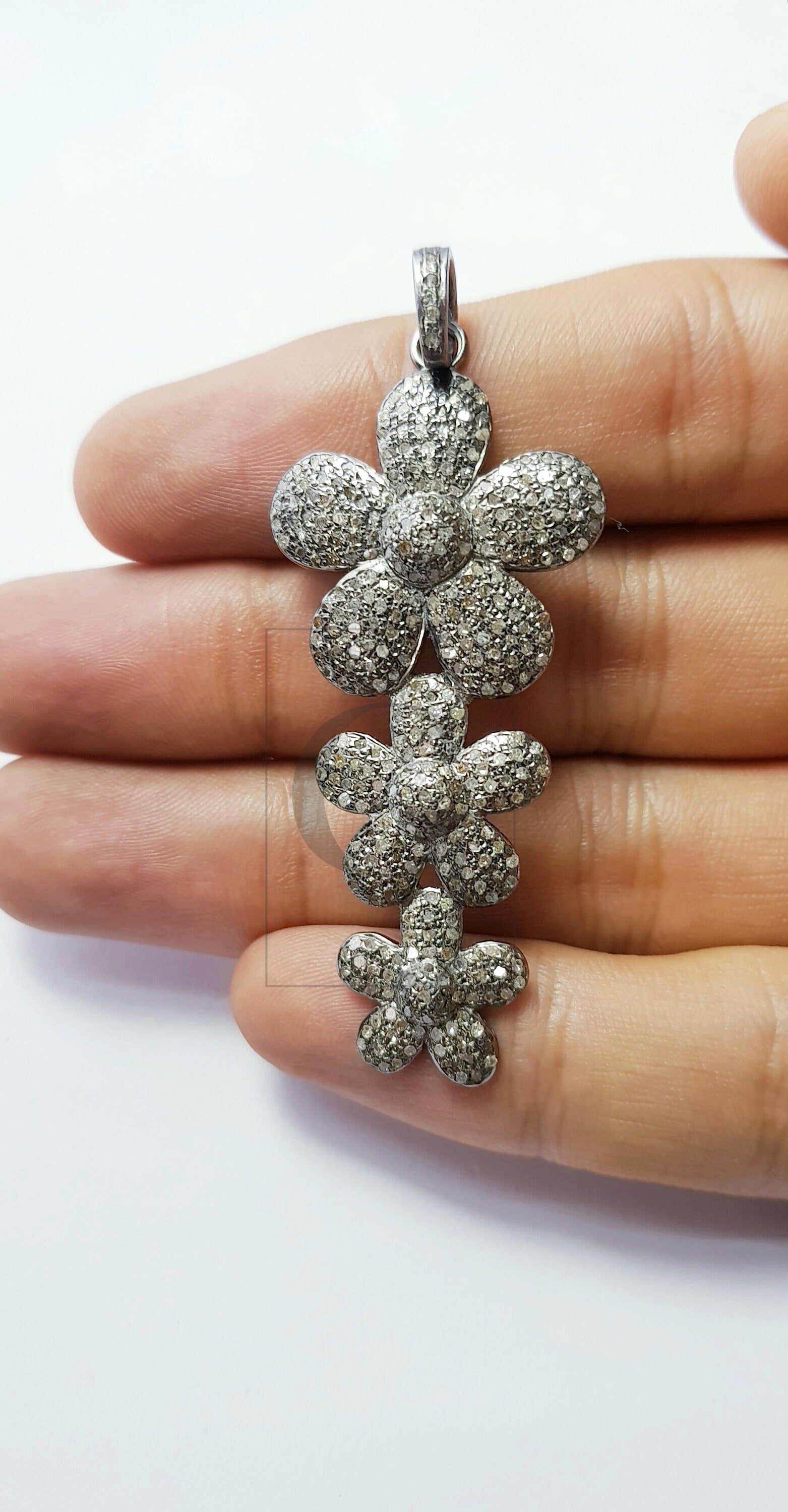 Beautiful Flower Rosecut Pave Diamond Pendant 925 Sterling Silver Handmade Finish Diamond Jewelry Pendant