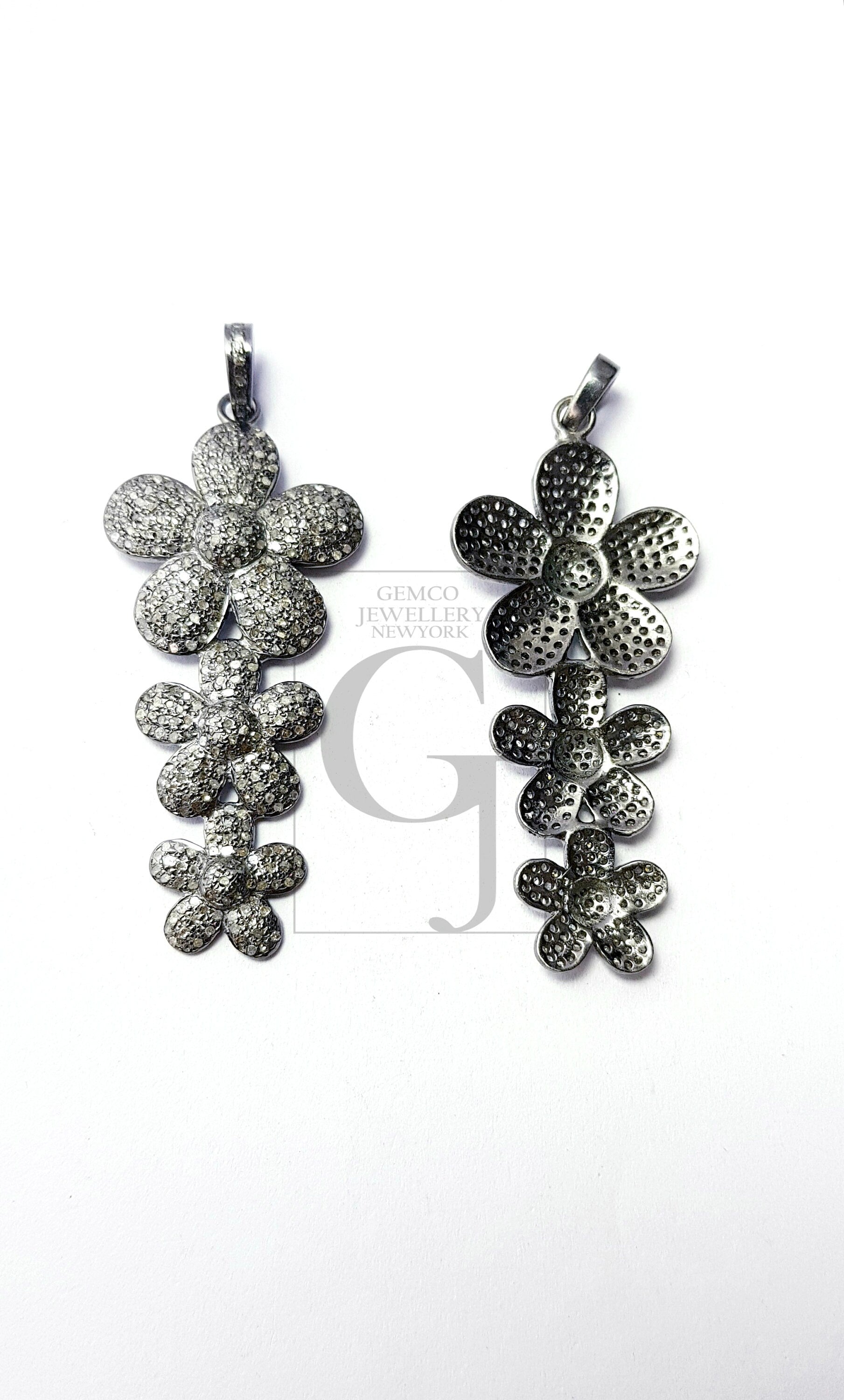Beautiful Flower Rosecut Pave Diamond Pendant 925 Sterling Silver Handmade Finish Diamond Jewelry Pendant