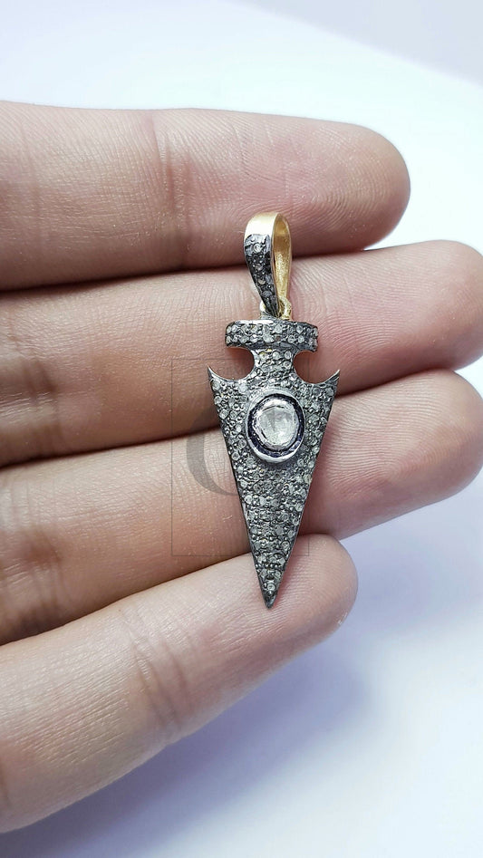 Arrow Head Design Rosecut Pave Diamond Pendant 925 Sterling Silver Handmade Finish Beautiful Flat Diamond Pendant Jewelry
