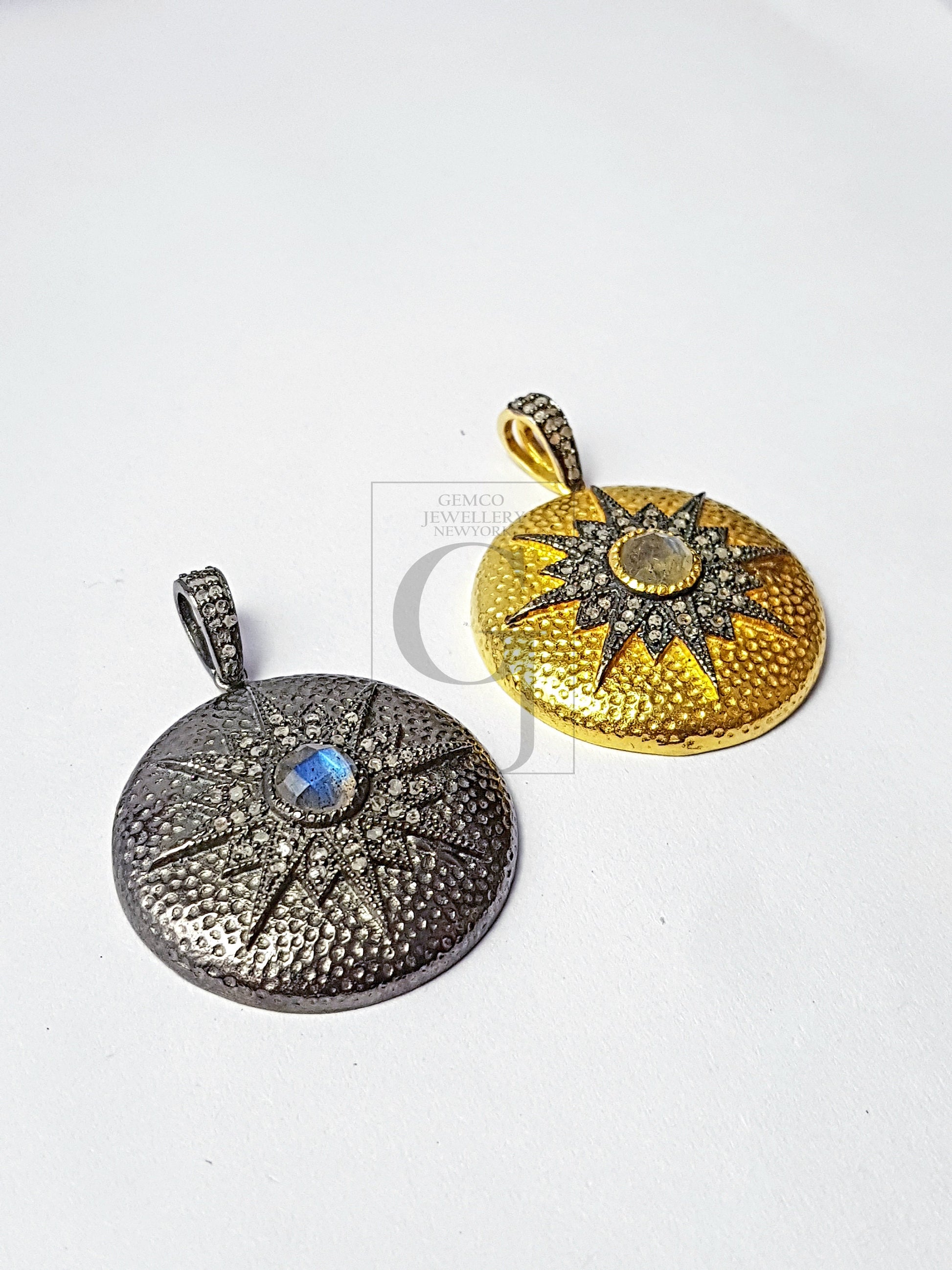 Sunburst design beautiful stone pendent latest design Rocecut pave diamond pendant sterling silver handmade diamond jewelry nomad victorian