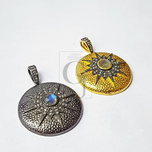 Sunburst design beautiful stone pendent latest design Rocecut pave diamond pendant sterling silver handmade diamond jewelry nomad victorian