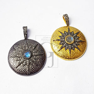 Sunburst design beautiful stone pendent latest design Rocecut pave diamond pendant sterling silver handmade diamond jewelry nomad victorian