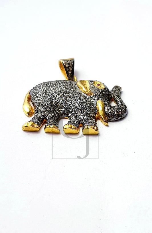 Beautiful Designed Elephant Shaped Rosecut Pave Diamond Pendant 925 Sterling Silver Handmade Finish Diamond Pendant Jewelry