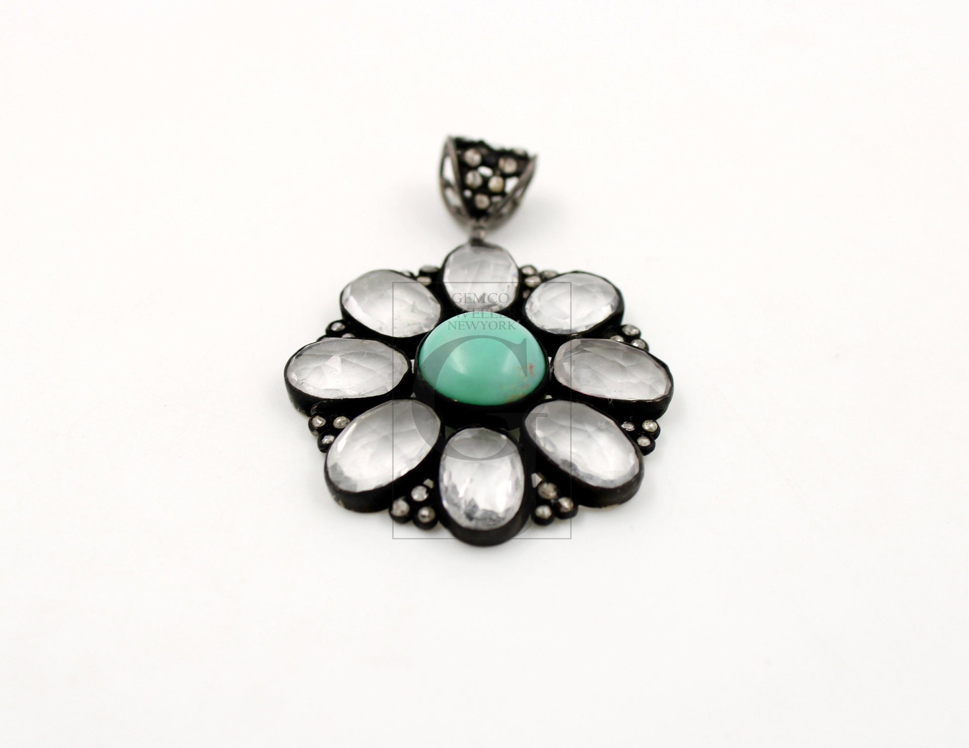Beautiful Green Chrysoprase Flower Pendant Rosecut Pave Diamond Pendant 925 Sterling Silver Handmade Finish Diamond Necklace Crystal Pendant