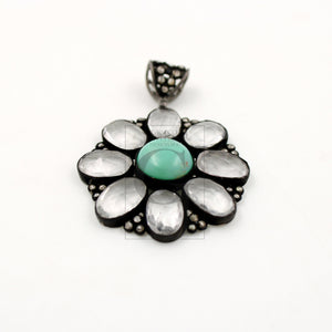 Beautiful Green Chrysoprase Flower Pendant Rosecut Pave Diamond Pendant 925 Sterling Silver Handmade Finish Diamond Necklace Crystal Pendant