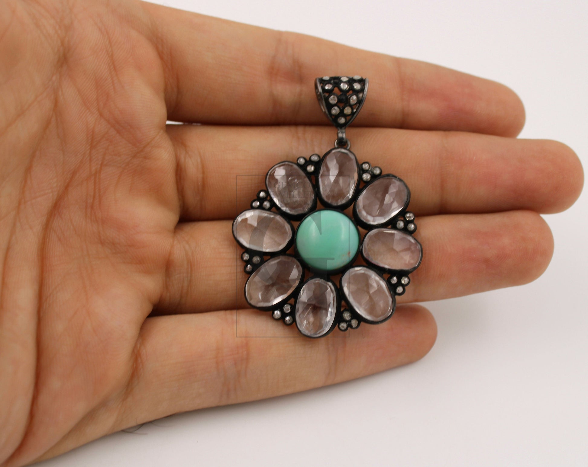 Beautiful Green Chrysoprase Flower Pendant Rosecut Pave Diamond Pendant 925 Sterling Silver Handmade Finish Diamond Necklace Crystal Pendant