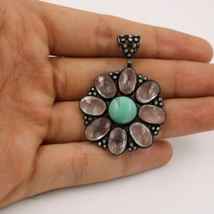 Beautiful Green Chrysoprase Flower Pendant Rosecut Pave Diamond Pendant 925 Sterling Silver Handmade Finish Diamond Necklace Crystal Pendant