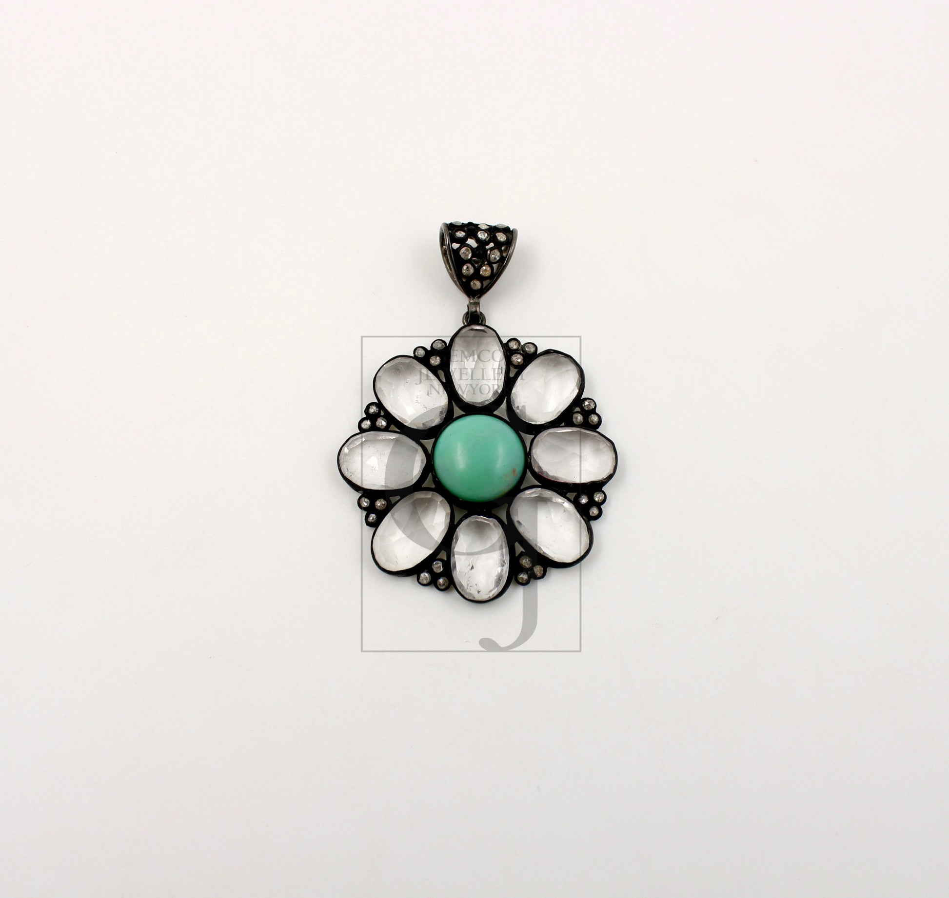 Beautiful Green Chrysoprase Flower Pendant Rosecut Pave Diamond Pendant 925 Sterling Silver Handmade Finish Diamond Necklace Crystal Pendant