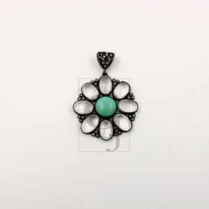 Beautiful Green Chrysoprase Flower Pendant Rosecut Pave Diamond Pendant 925 Sterling Silver Handmade Finish Diamond Necklace Crystal Pendant