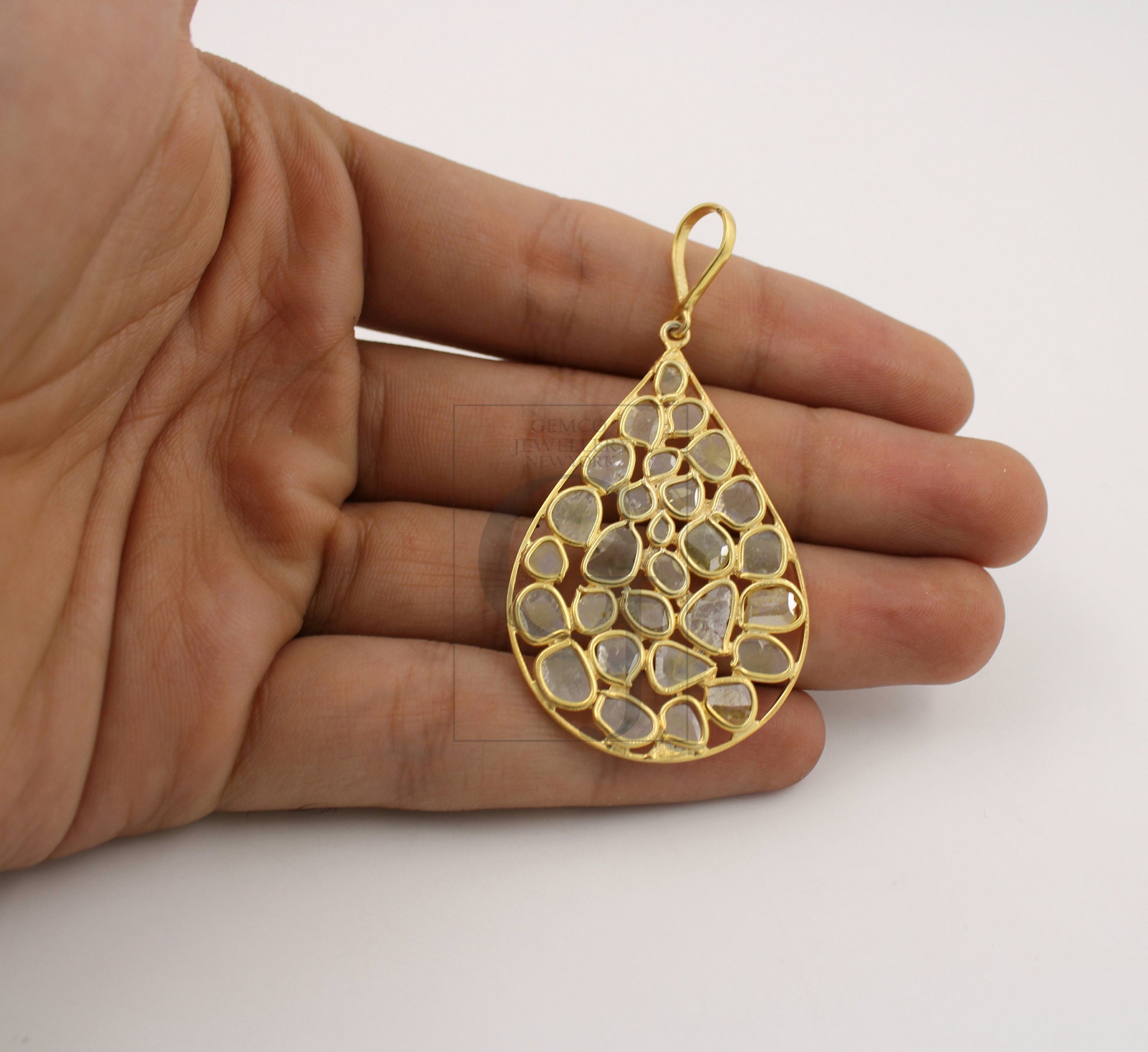 Teardrop vermail gold designer Rosecut pave diamond pendant 925 sterling silver handmade finish diamond jewelry necklace pendant