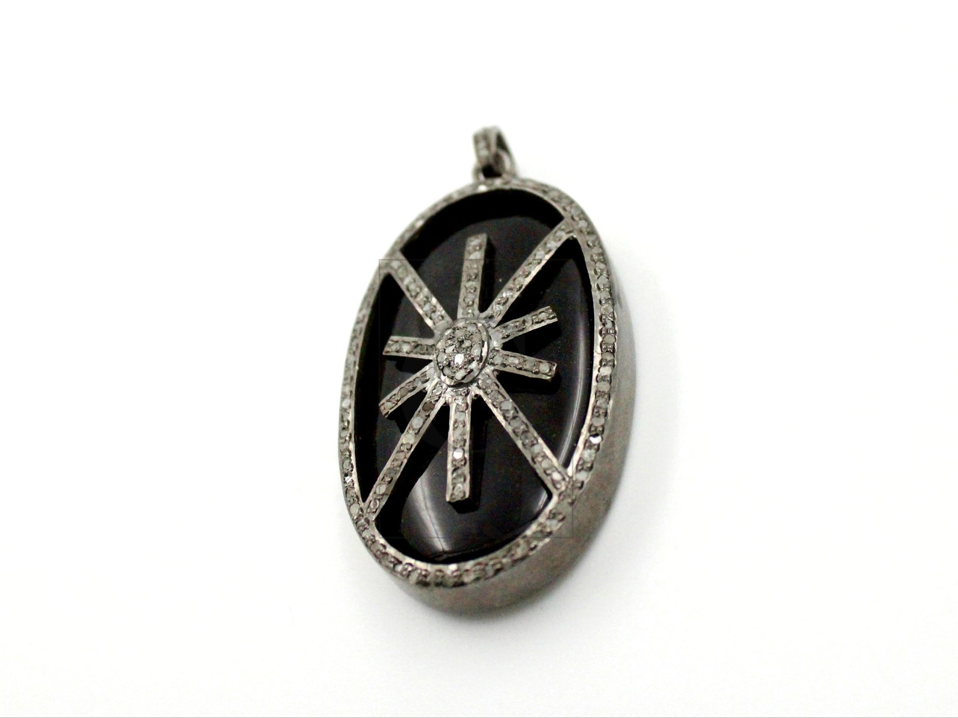 Oval shape  starburst black stone designer Rosecut pave diamond pendant 925 sterling silver handmade finish diamond jewelry necklace pendant