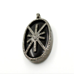 Oval shape  starburst black stone designer Rosecut pave diamond pendant 925 sterling silver handmade finish diamond jewelry necklace pendant