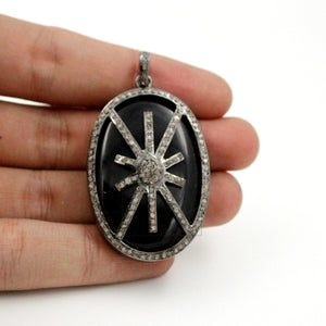 Oval shape  starburst black stone designer Rosecut pave diamond pendant 925 sterling silver handmade finish diamond jewelry necklace pendant