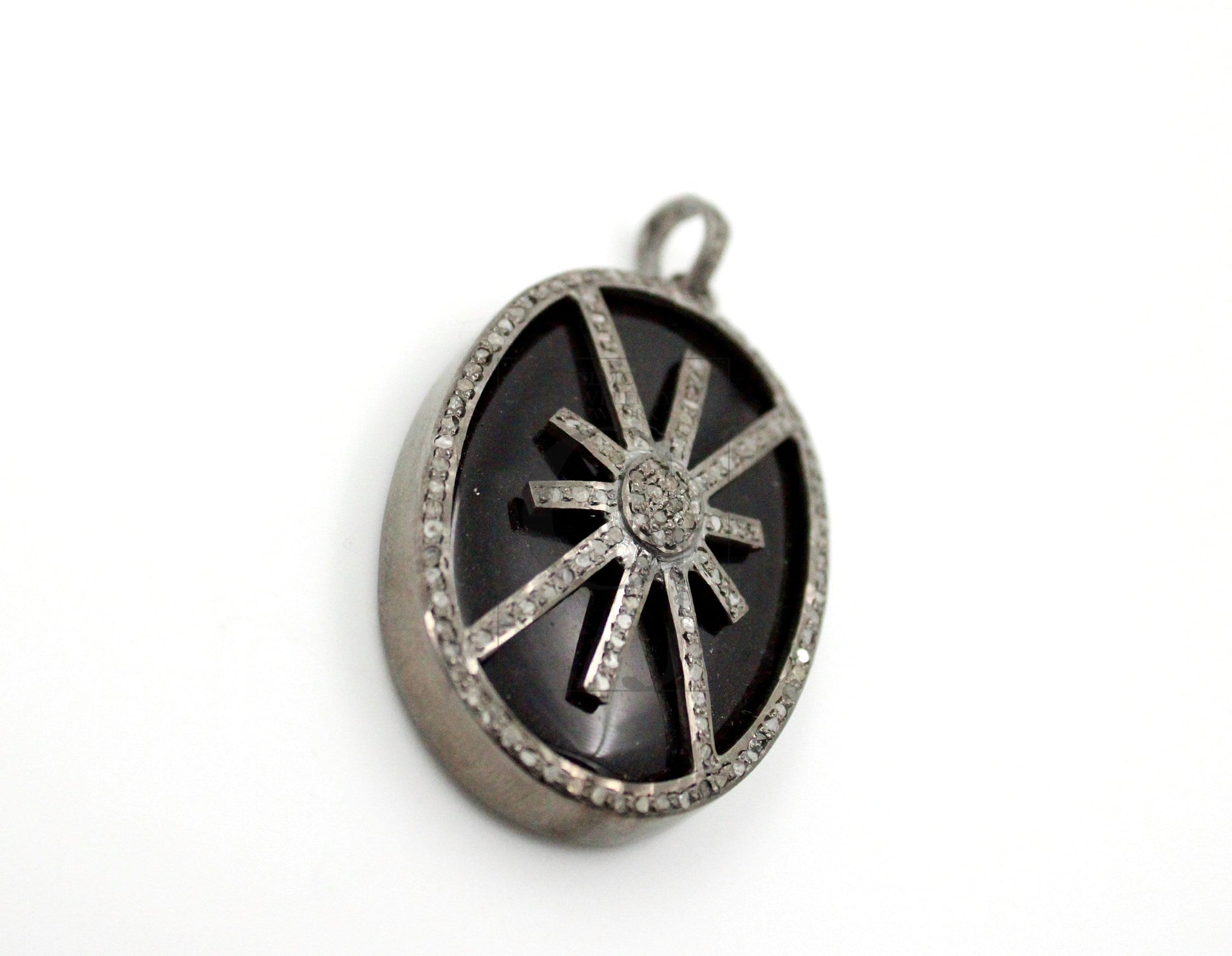 Oval shape  starburst black stone designer Rosecut pave diamond pendant 925 sterling silver handmade finish diamond jewelry necklace pendant