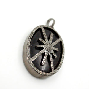Oval shape  starburst black stone designer Rosecut pave diamond pendant 925 sterling silver handmade finish diamond jewelry necklace pendant