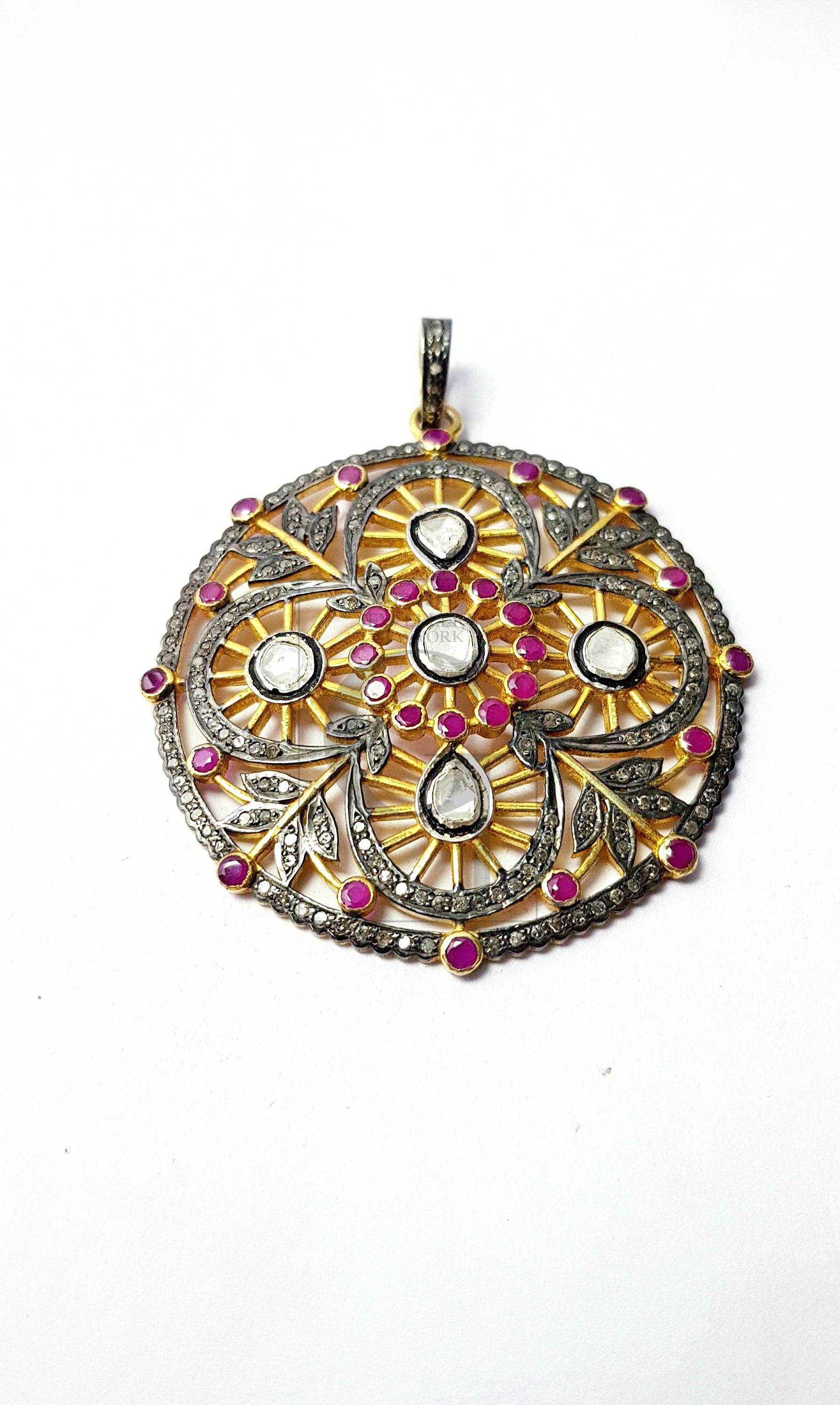 Very beautiful 14k gold finish Rosecut pave diamond pendant 925 sterling silver handmade finish diamond charm polki pendant jewelry