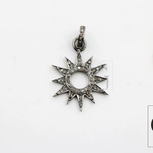 Antique Look Sunburst Oxidized Designer Rosecut Pave Diamond Pendant 925 Sterling Silver Handmade Finish Diamond Charms Necklace Pendant