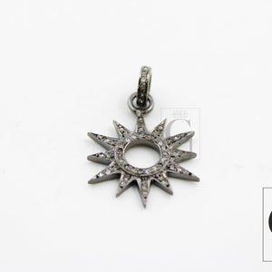 Antique Look Sunburst Oxidized Designer Rosecut Pave Diamond Pendant 925 Sterling Silver Handmade Finish Diamond Charms Necklace Pendant
