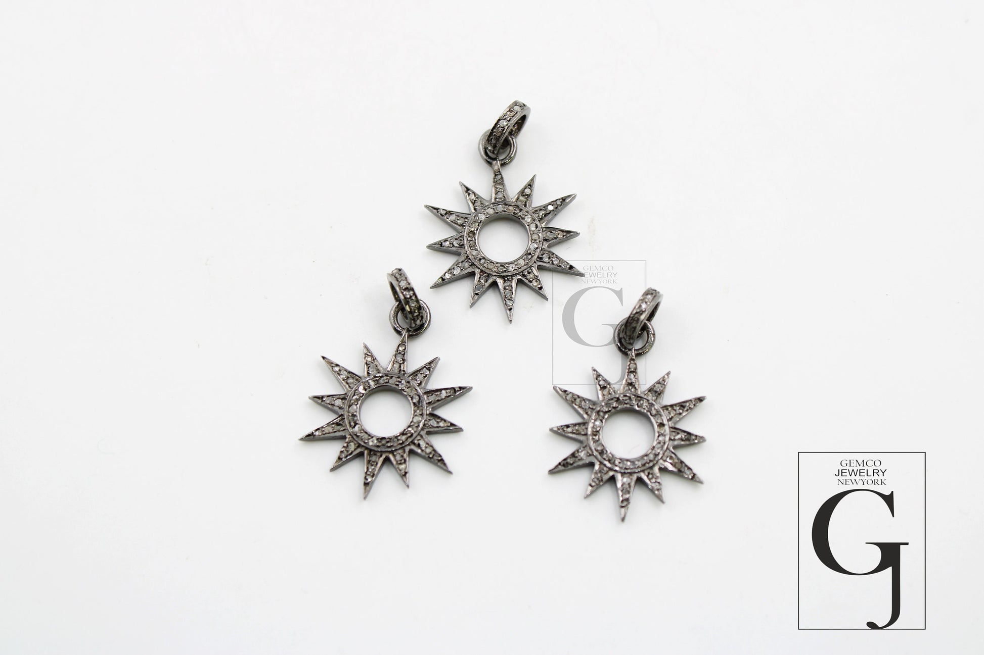 Antique Look Sunburst Oxidized Designer Rosecut Pave Diamond Pendant 925 Sterling Silver Handmade Finish Diamond Charms Necklace Pendant