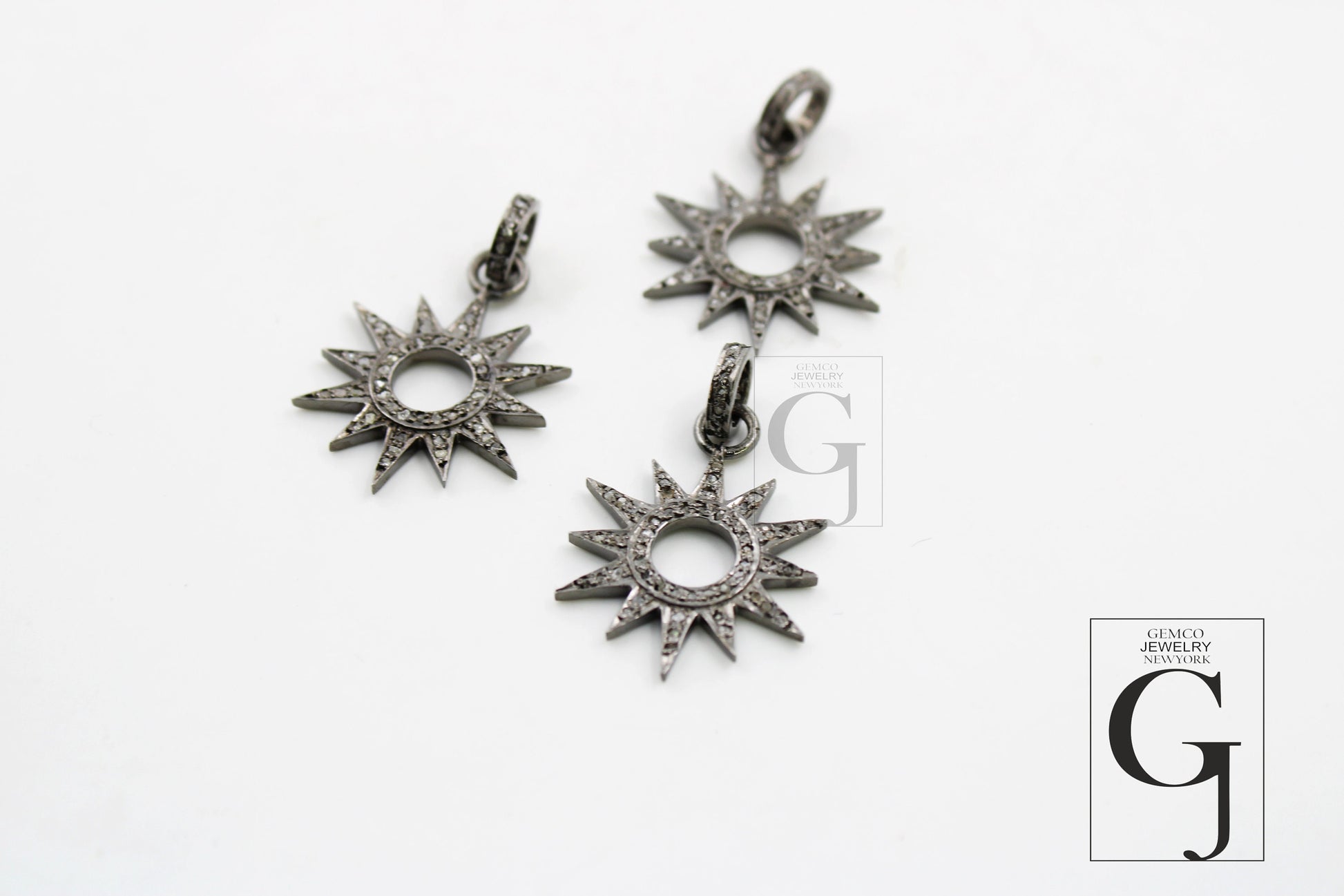 Antique Look Sunburst Oxidized Designer Rosecut Pave Diamond Pendant 925 Sterling Silver Handmade Finish Diamond Charms Necklace Pendant