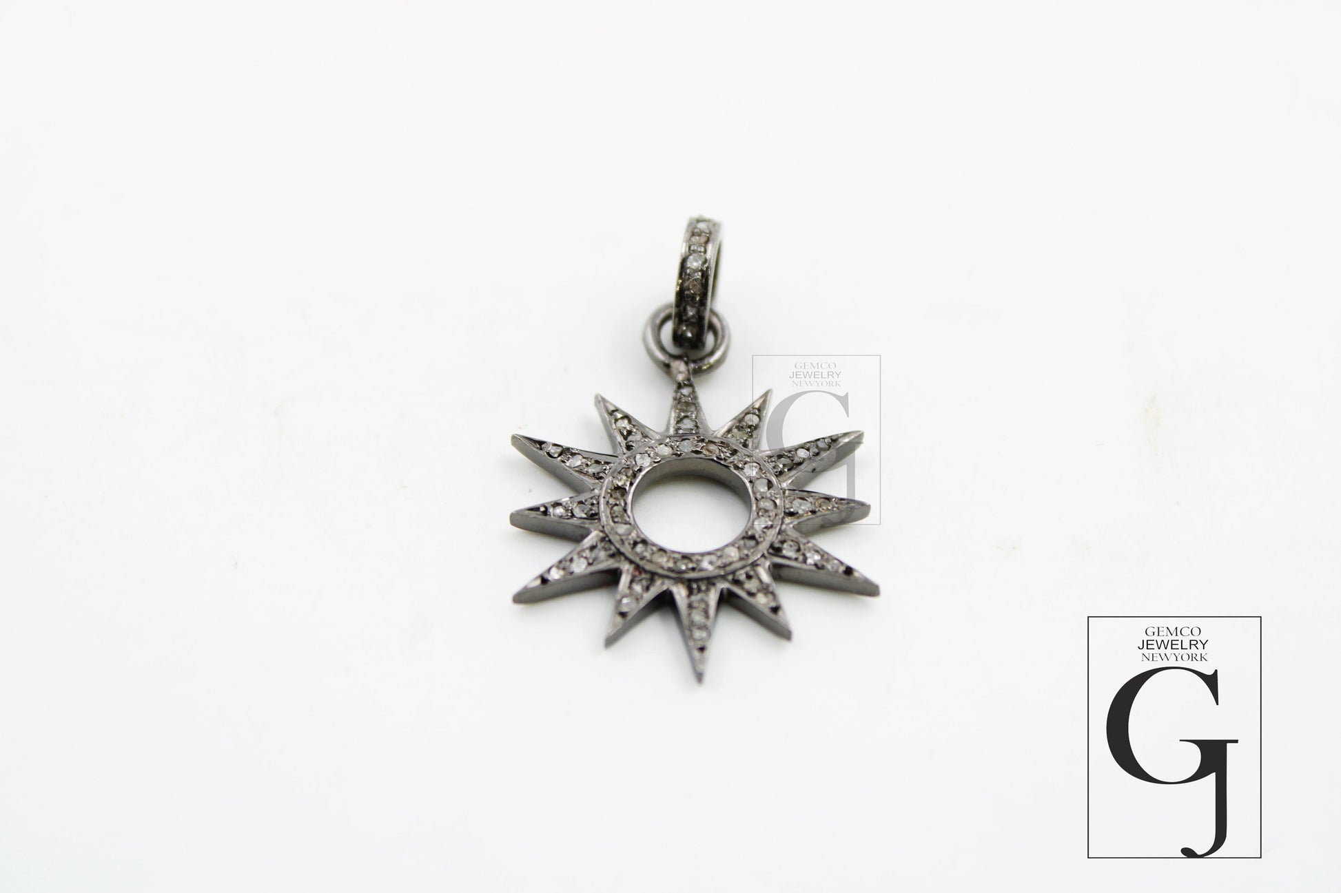 Antique Look Sunburst Oxidized Designer Rosecut Pave Diamond Pendant 925 Sterling Silver Handmade Finish Diamond Charms Necklace Pendant