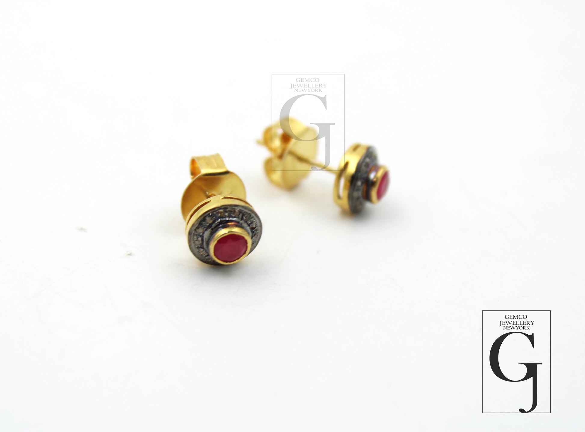 14k Gold Ruby Earring Studs Pave Rosecut Diamond 925 Sterling Silver Handmade Very Beautiful Diamond Pave Stud Earrings