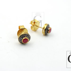 14k Gold Ruby Earring Studs Pave Rosecut Diamond 925 Sterling Silver Handmade Very Beautiful Diamond Pave Stud Earrings