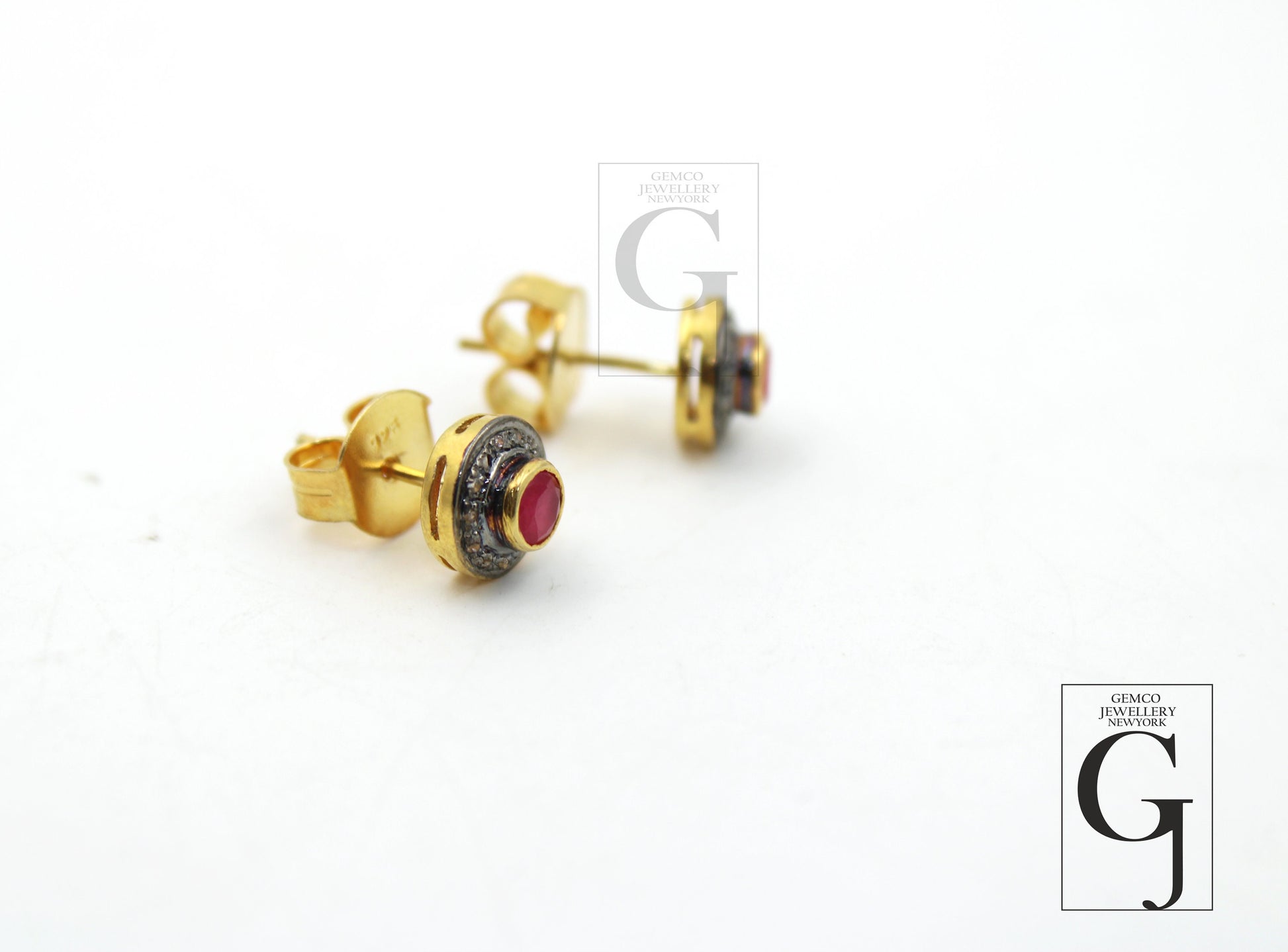 14k Gold Ruby Earring Studs Pave Rosecut Diamond 925 Sterling Silver Handmade Very Beautiful Diamond Pave Stud Earrings