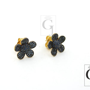 14k Gold Sapphire Flower Stud Earring Pave Rosecut Diamond 925 Sterling Silver Handmade Very Beautiful Sapphire Pave Stud Earrings