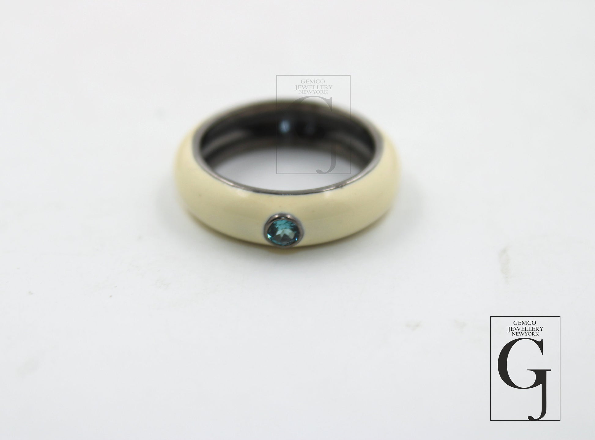 ivory enameling designer ring band Rosecut pave blue topaz rings 925 sterling silver handmade silver finish ring