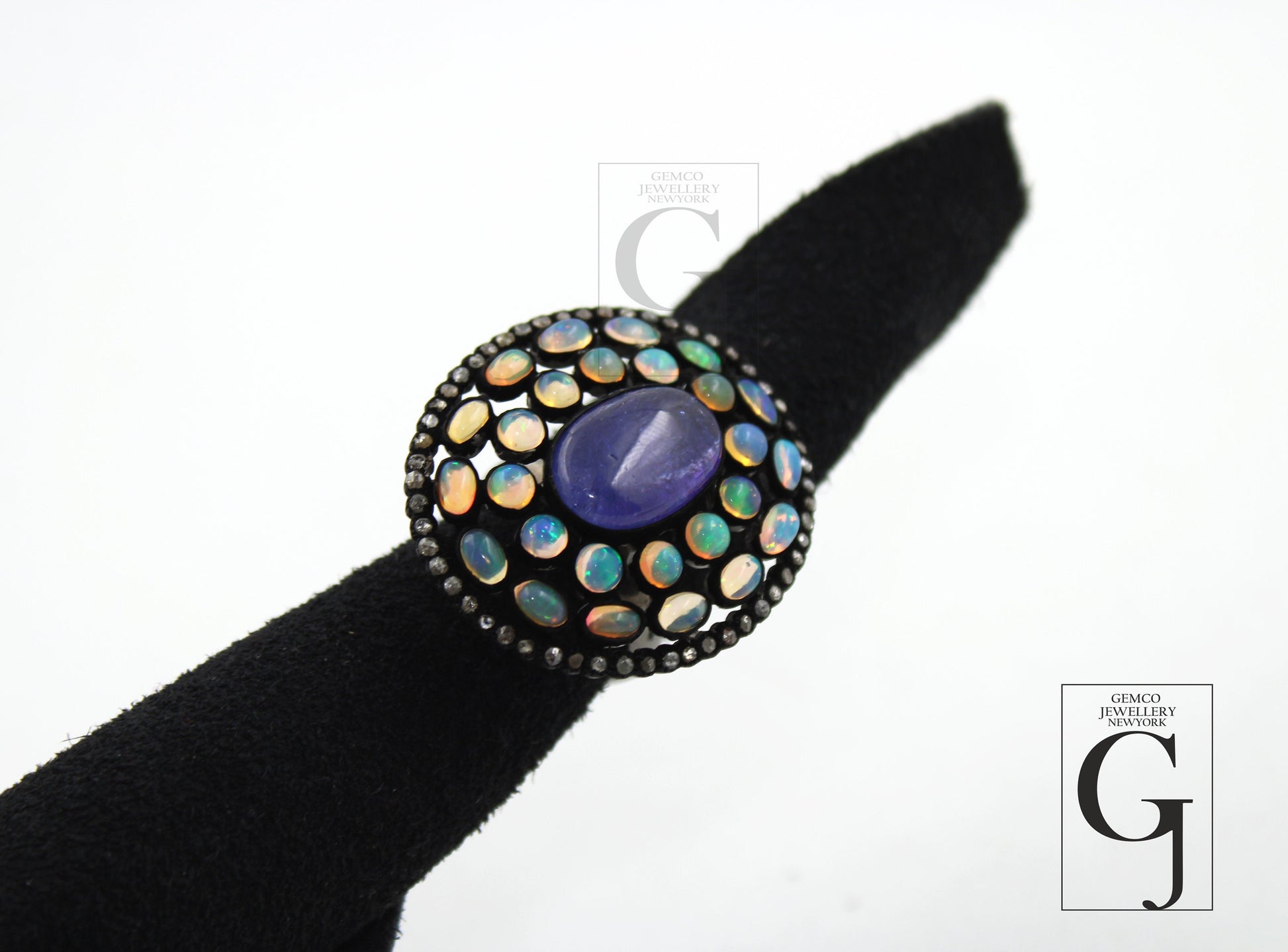 Very beautiful tanzanite and Opal designer ring Rosecut pave diamond rings 925 sterling silver handmade silver finish diamond ring