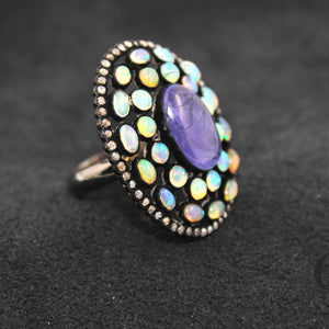 Very beautiful tanzanite and Opal designer ring Rosecut pave diamond rings 925 sterling silver handmade silver finish diamond ring