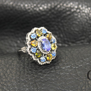 Very beautiful Kyanite tanzanite tourmaline Cocktail ring Rosecut pave diamond rings 925 sterling silver handmade silver finish diamond ring