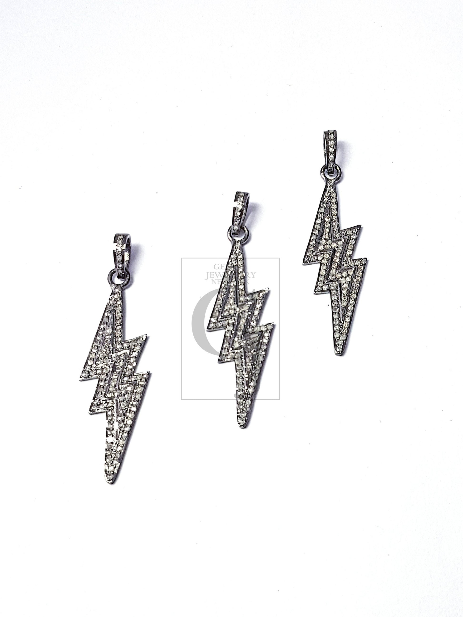 Pave Rosecut Handmade Diamond 925 Sterling Silver Lighting/ Thunder Design Diamond Pendant Charm