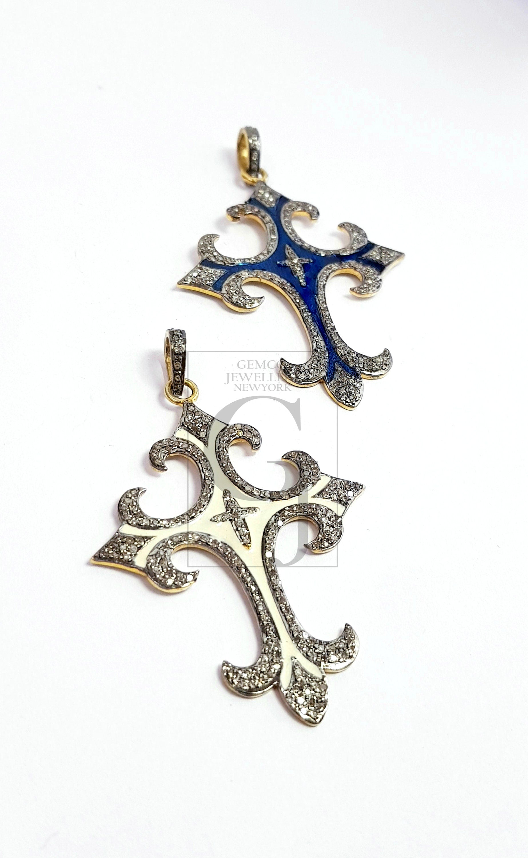Enameling designer cross Shaped Rosecut pave diamond pendant 925 sterling silver handmade finish beautiful diamond pendant jewelry