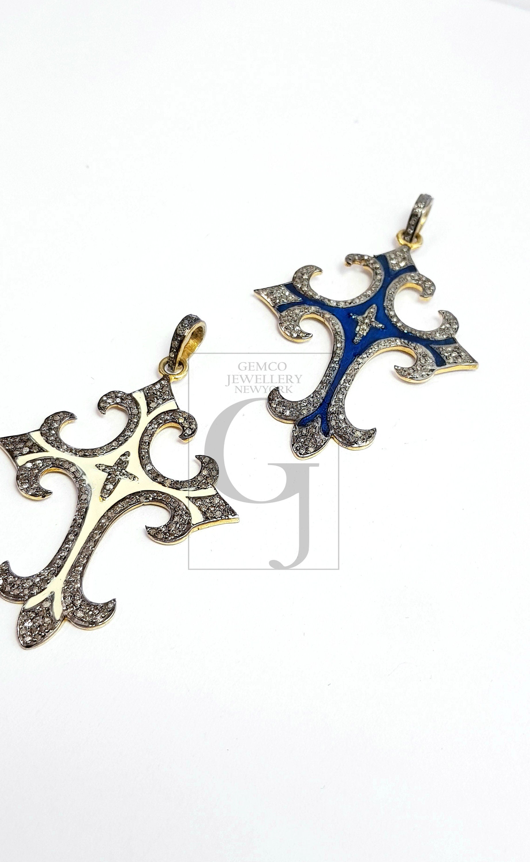 Enameling designer cross Shaped Rosecut pave diamond pendant 925 sterling silver handmade finish beautiful diamond pendant jewelry