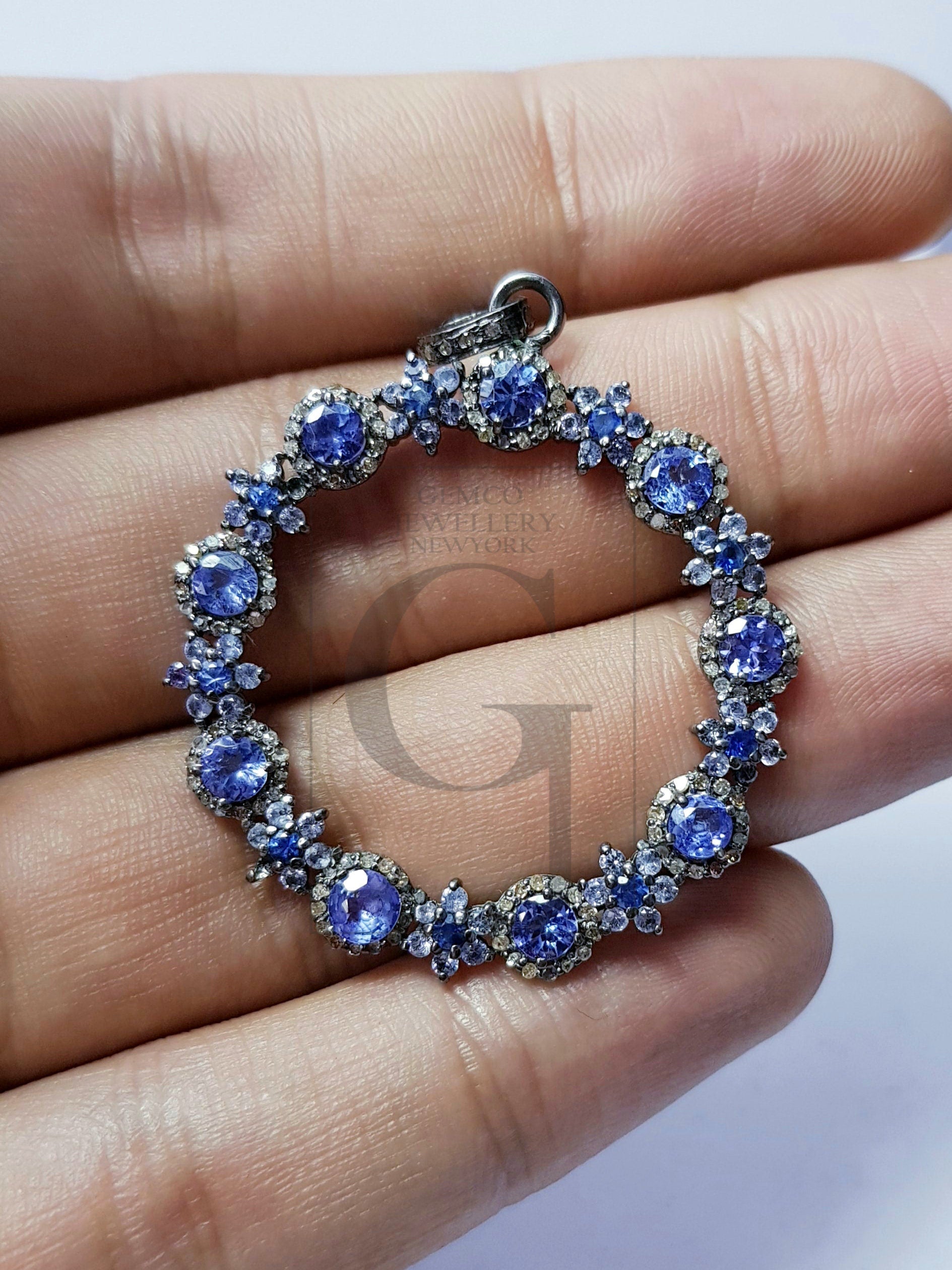 Beautiful Latest Designer Rosecut Pave Diamond Pendant 925 Sterling Silver Handmade Finish Real Natural Tanzanite Pendant Diamond Charms