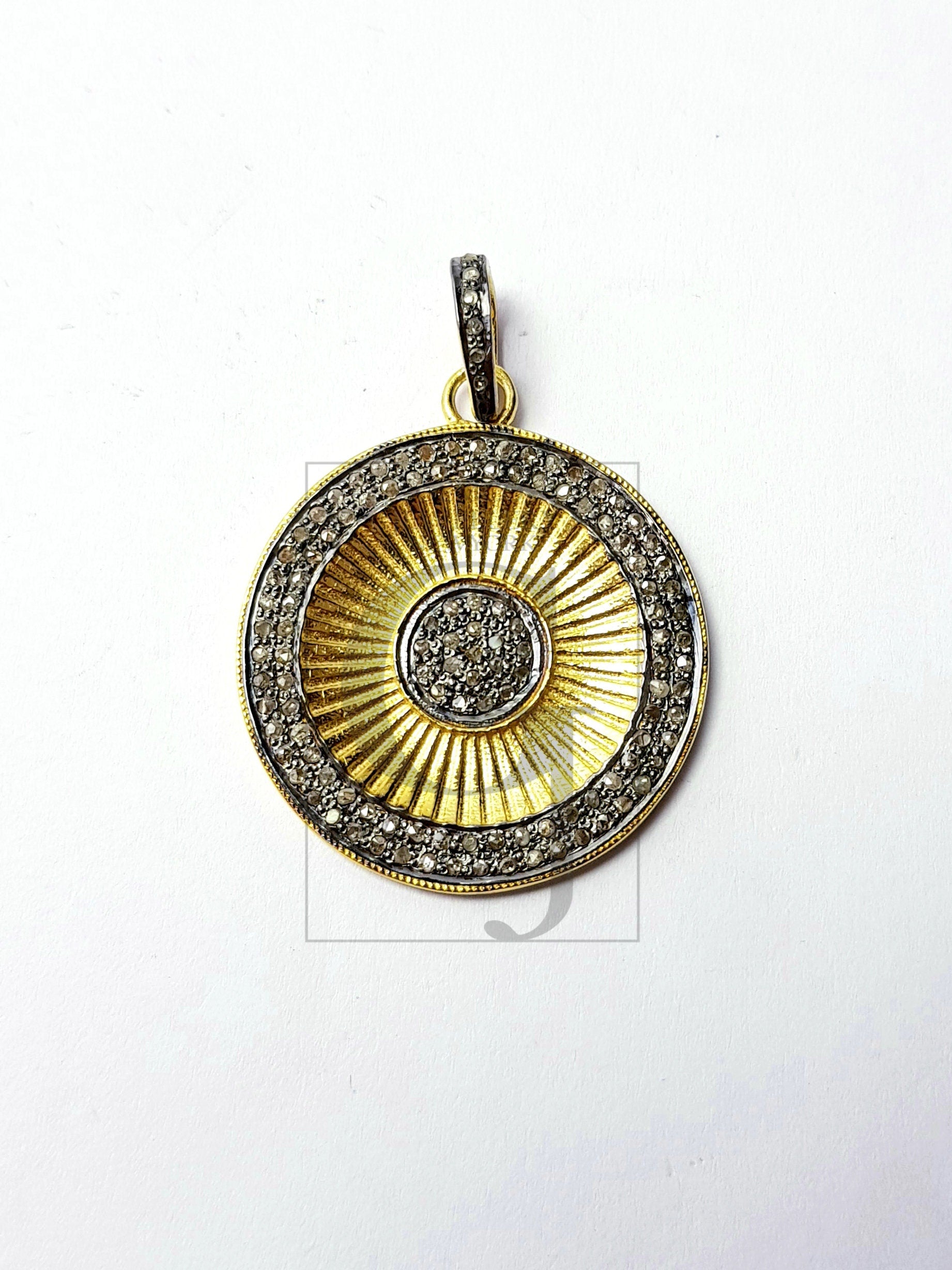 Beautiful Circle Rosecut Pave Diamond Pendant 925 Sterling Silver Handmade Finish Diamond Jewelry