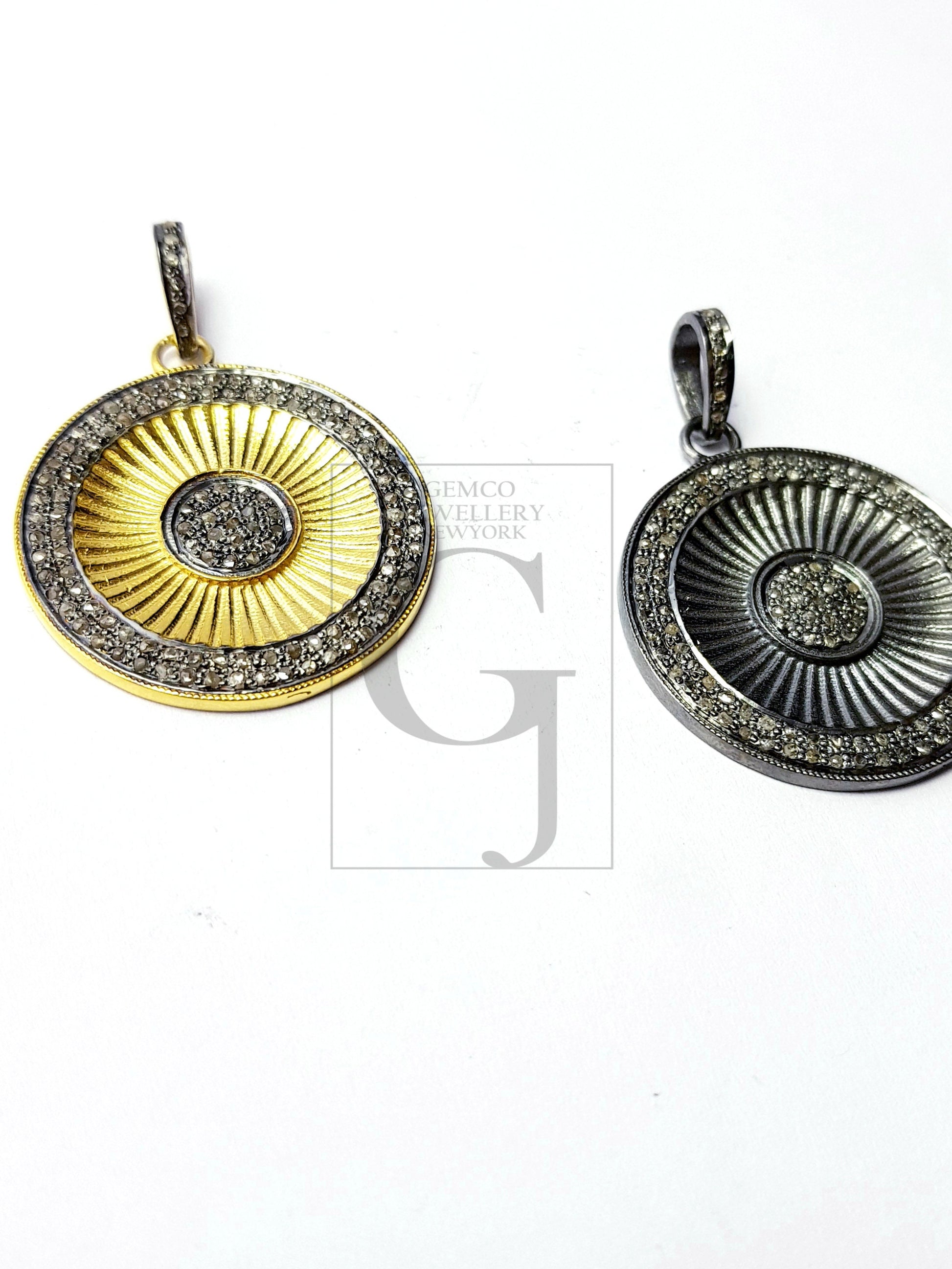 Beautiful Circle Rosecut Pave Diamond Pendant 925 Sterling Silver Handmade Finish Diamond Jewelry