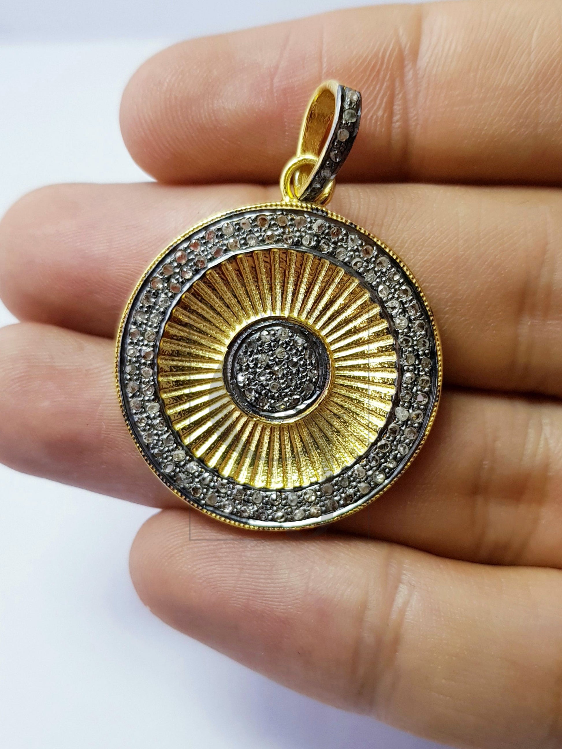 Beautiful Circle Rosecut Pave Diamond Pendant 925 Sterling Silver Handmade Finish Diamond Jewelry