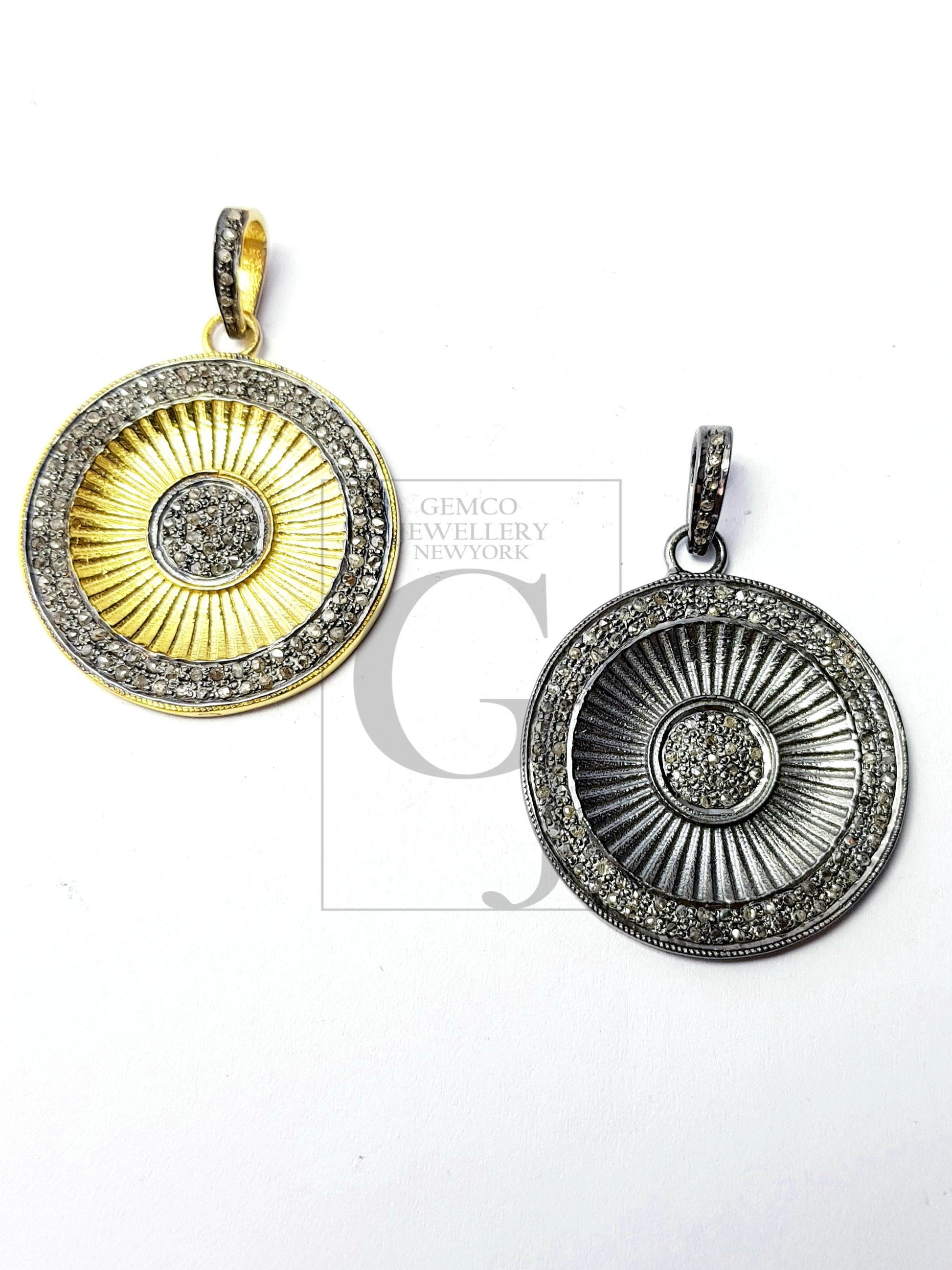 Beautiful Circle Rosecut Pave Diamond Pendant 925 Sterling Silver Handmade Finish Diamond Jewelry