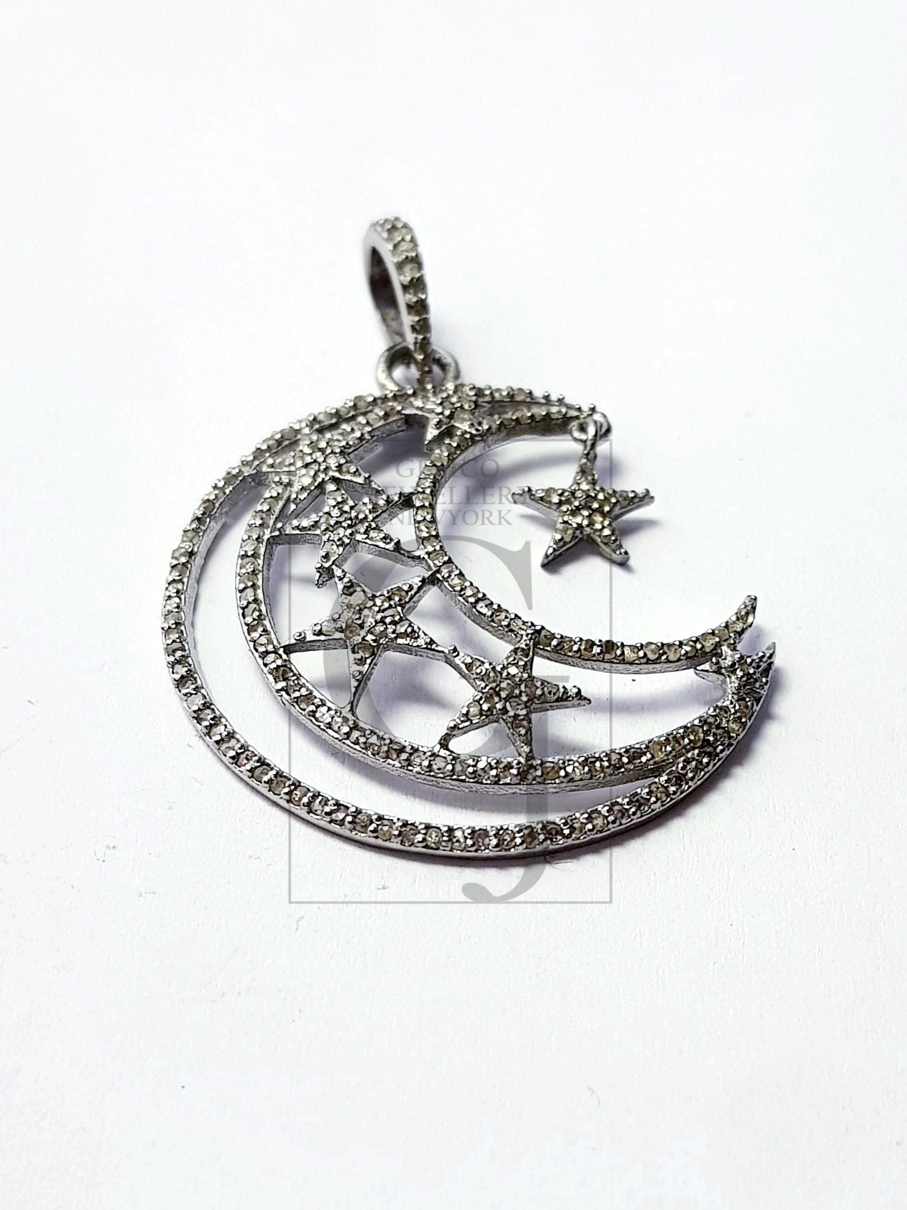 Beautiful Crescent Moon Design Rosecut Pave Diamond Pendant 925 Sterling Silver Handmade Finish Moon Star Diamond Pendant Jewelry