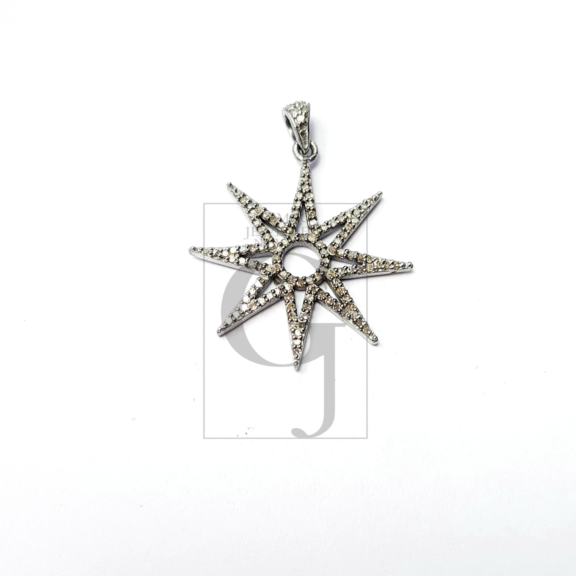 Beautiful Starburst Rosecut Pave Diamond Pendant 925 Sterling Silver Handmade Finish Start Design Diamond Pendant Jewelry