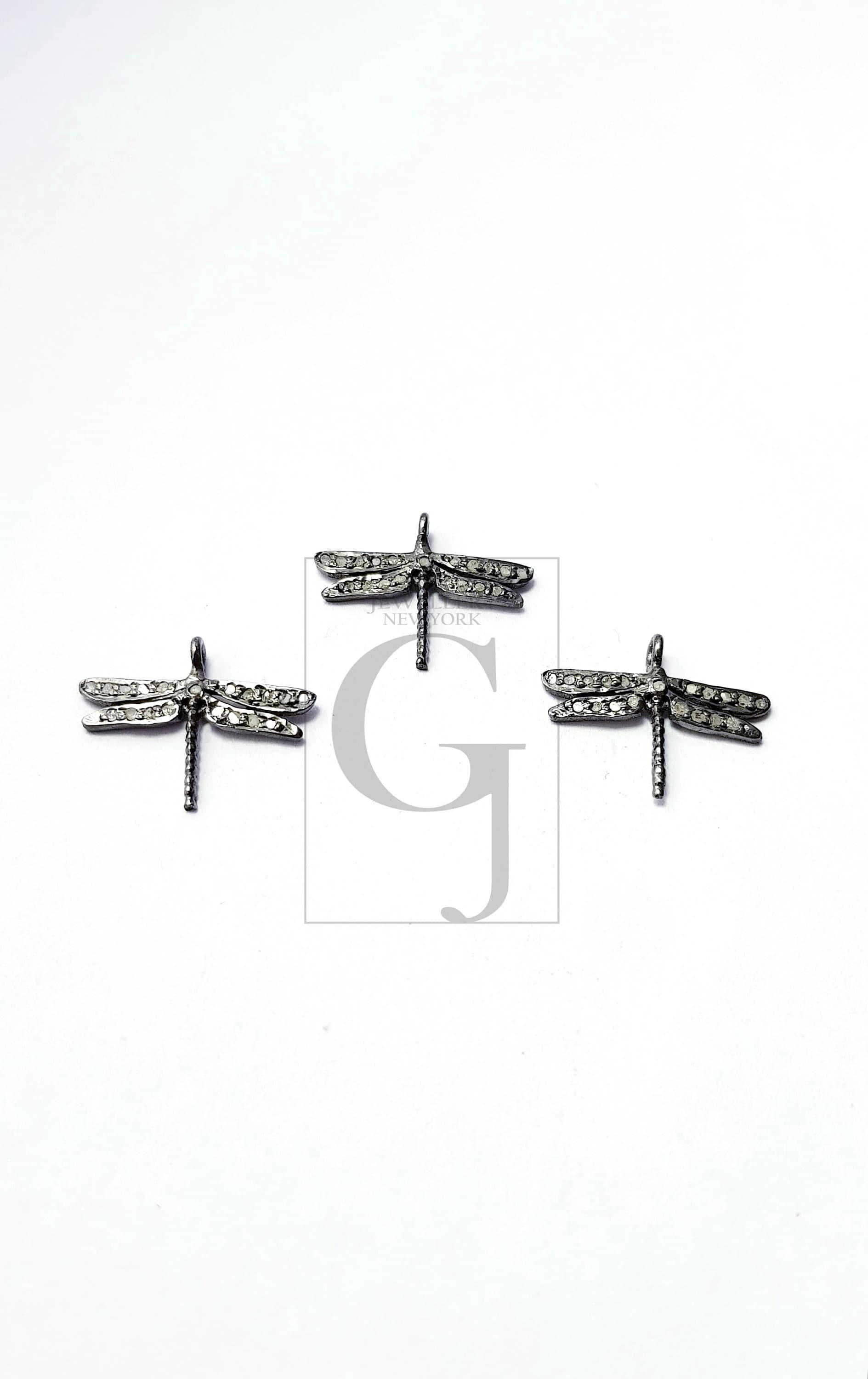 5pcs Beautiful dragonfly design Rosecut pave diamond pendant 925 sterling silver handmade finish diamond pendant jewelry charms