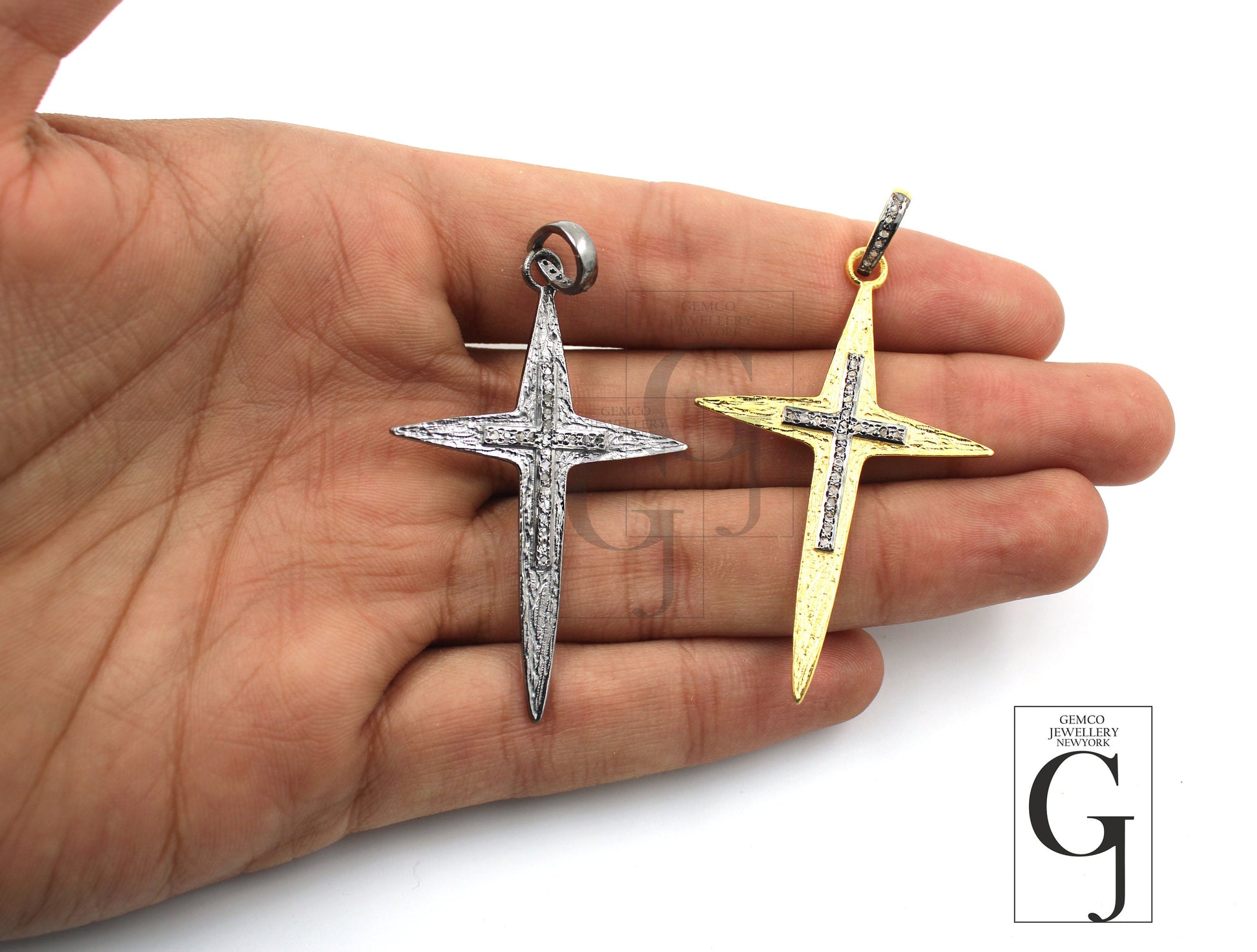 Sword Style Cross Designer Diamond Pendant Rosecut Pave Diamond Pendant 925 Sterling Silver Handmade Finish Diamond Jewelry Necklace Pendant