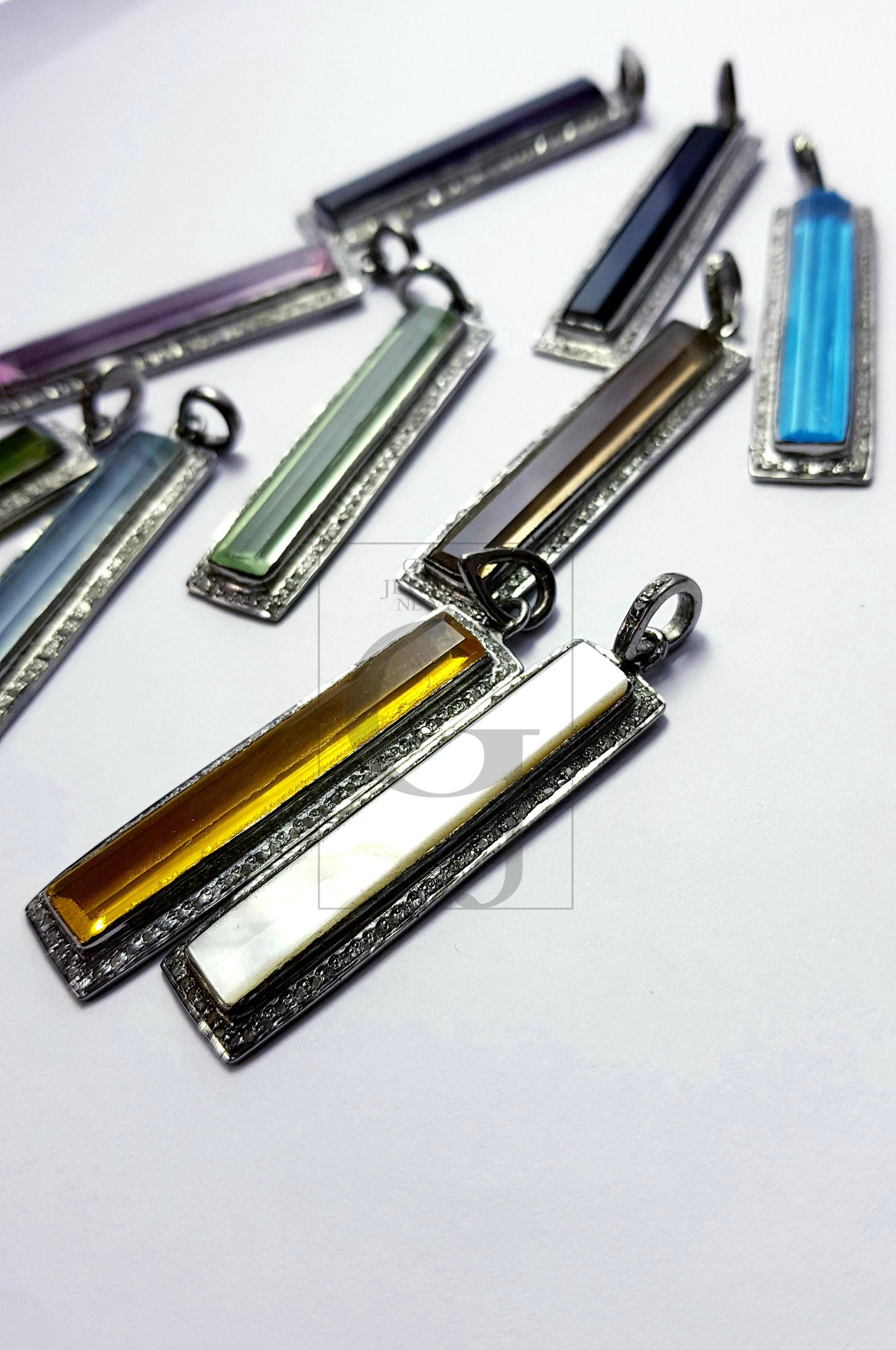 Very beautiful Rosecut Pave Diamond Multi Gemstone Bar Pendant 925 Sterling Silver Gemstone Pendant stone dog tag pendant